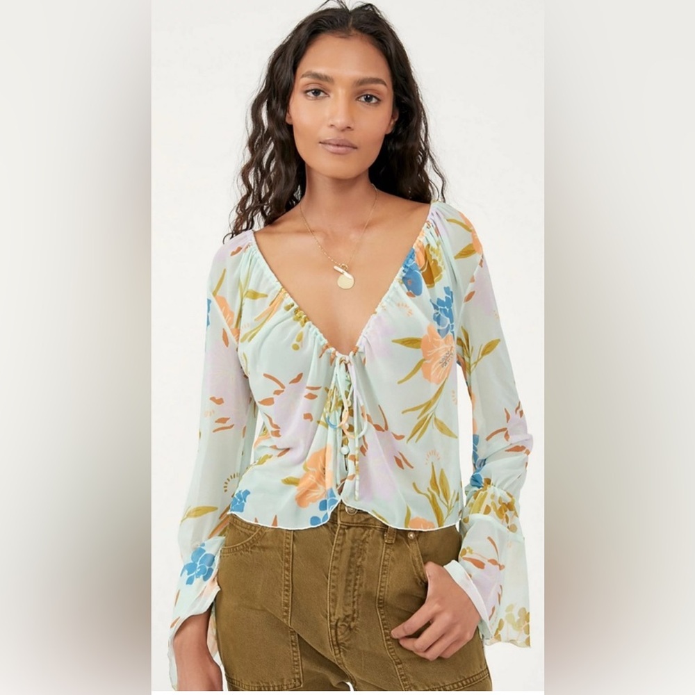 Free People Paradise Floral Print Tie Ruched Top V-Neck Blouse Multicolor Size S